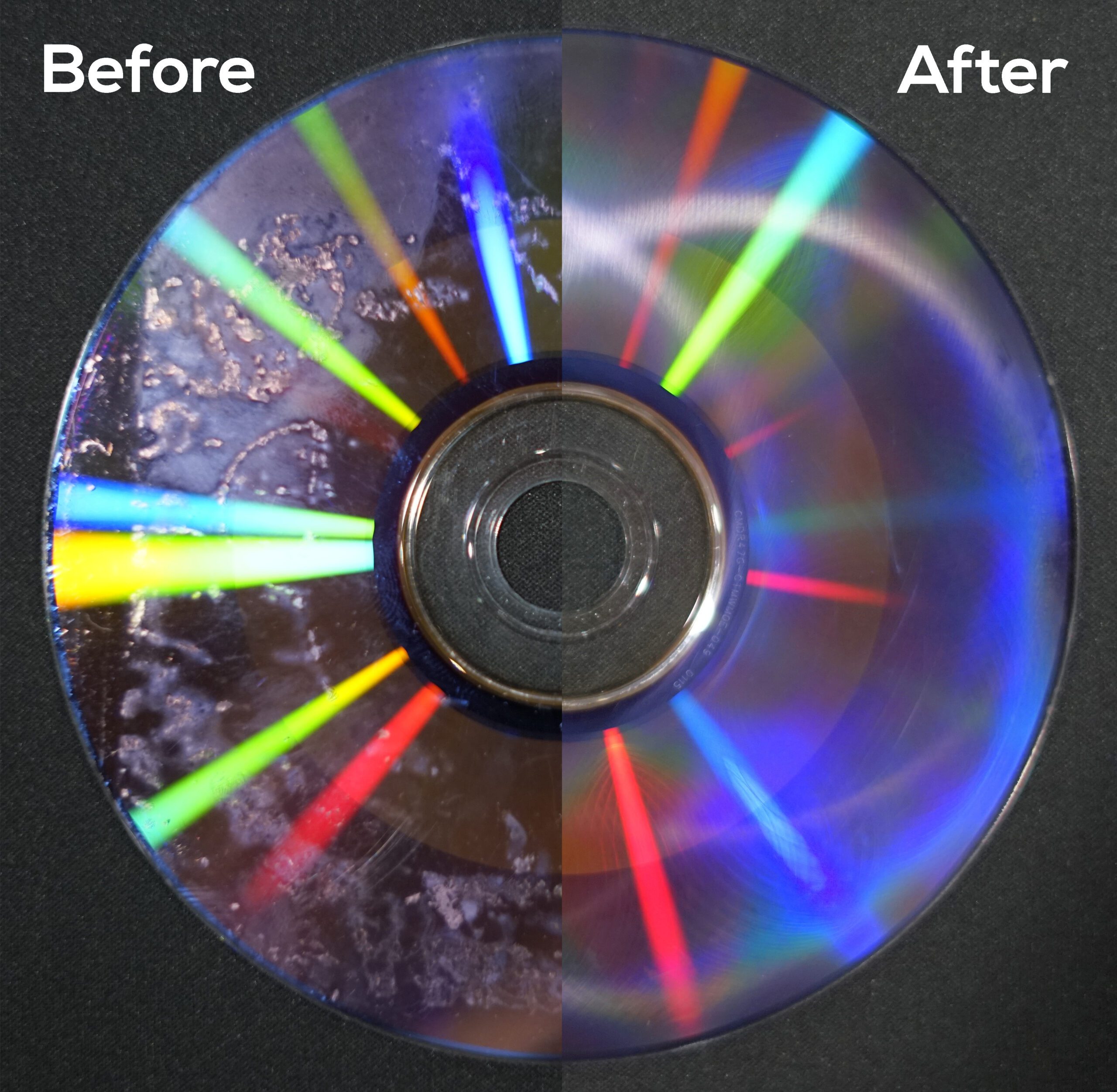 DVD Scratch Repair Before and after comparison of a damaged disc (CD, DVD, or Blu-ray) and the same disc after professional resurfacing and scratch removal in our disc repair service.